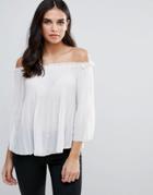 Qed London Pleated Chiffon Off Shoulder Top - Cream