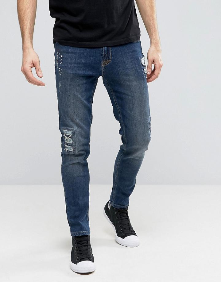 Hoxton Denim Jeans Rip And Repair Paint Splatter Skinny Jean - Blue