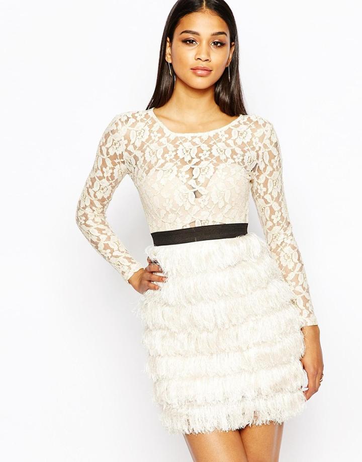 Rare London Lace Dress With Fringe Skirt - Cream