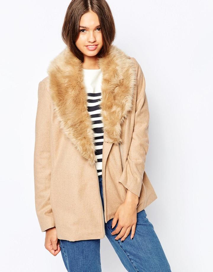 Barney's Originals Coat With Deep Faux Fur Collar - Camel