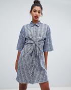 Prettylittlething Tie Front Shirt Dress In Gray Check - Gray