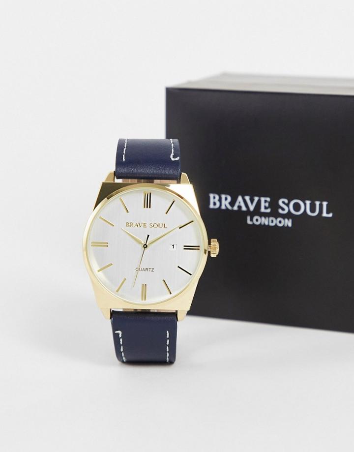 Brave Soul Leather Strap Watch With Date Feature In Navy And Gold