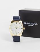 Brave Soul Leather Strap Watch With Date Feature In Navy And Gold