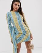 John Zack Mini Dress With Asymmetric Ruffle In Blue Chain Print - Multi