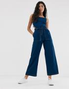 Noisy May Contrast Sticted Tie Front Denim Jumpsuit