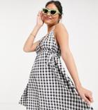 Asos Design Petite Cotton Poplin Plunge Mini Sundress With Ruched Waist In Mono Gingham-multi