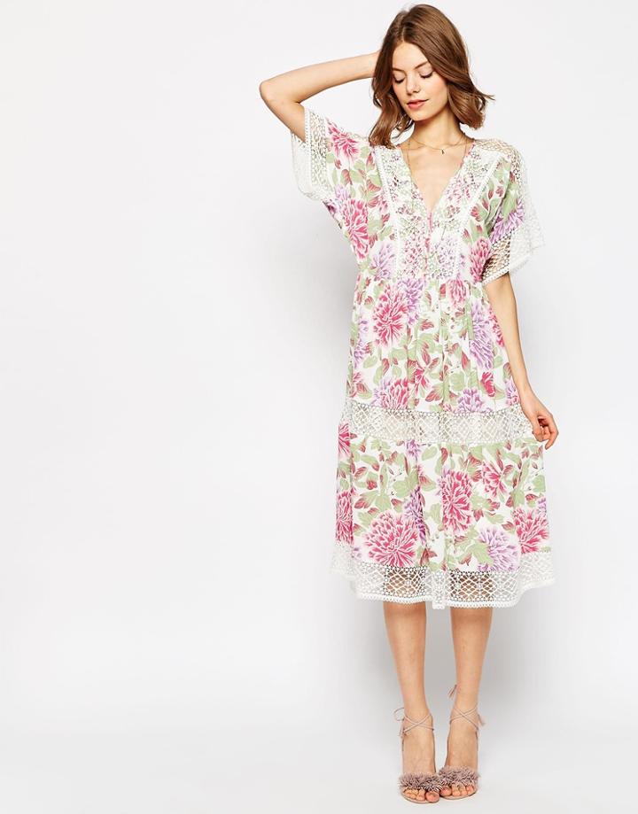 Asos Floral Midi Dress With Crochet Insert - Multi