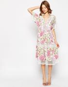 Asos Floral Midi Dress With Crochet Insert - Multi