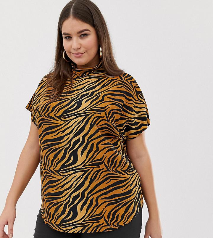 Asos Design Curve Short Sleeve High Neck Top In Tiger Animal Print - Multi