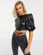 Qed London Pu Crop Top With Open Tie Back In Black