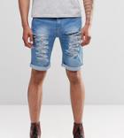 Liquor & Poker Slim Extreme Rips Denim Shorts In Stonewash Blue - Blue