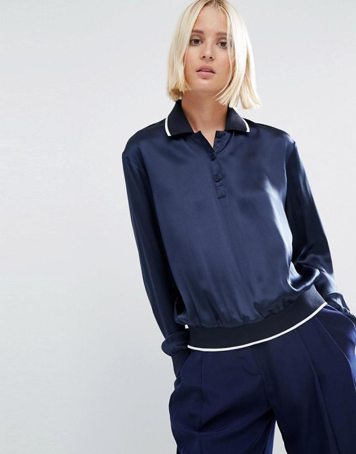 Asos White 100% Silk Polo Top - Navy