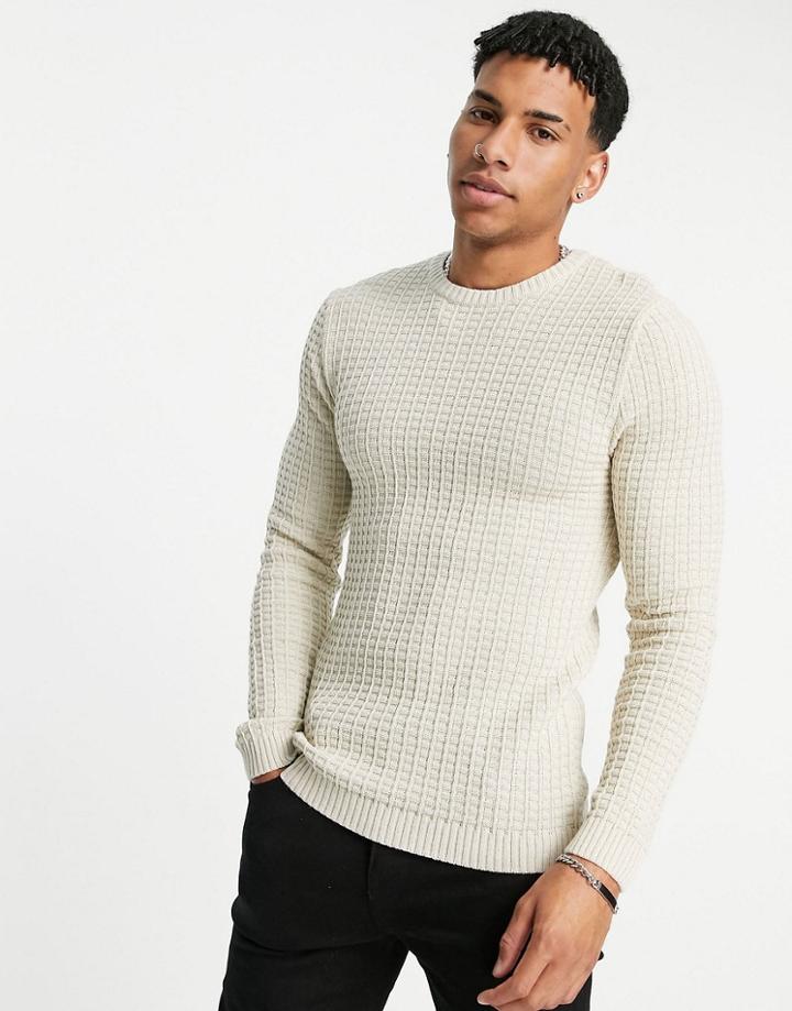 Asos Design Muscle Fit Textured Knit Sweater In Oatmeal-neutral