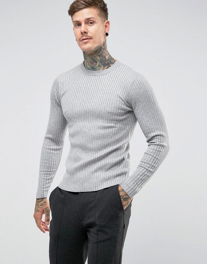 Gianni Feraud Muscle Fit Rib Crew Neck Sweater - Gray