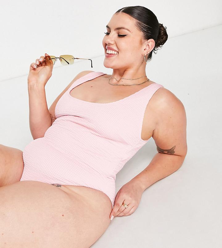 Peek & Beau Curve Exclusive Scoop Neck Swimsuit In Pink Scrunch