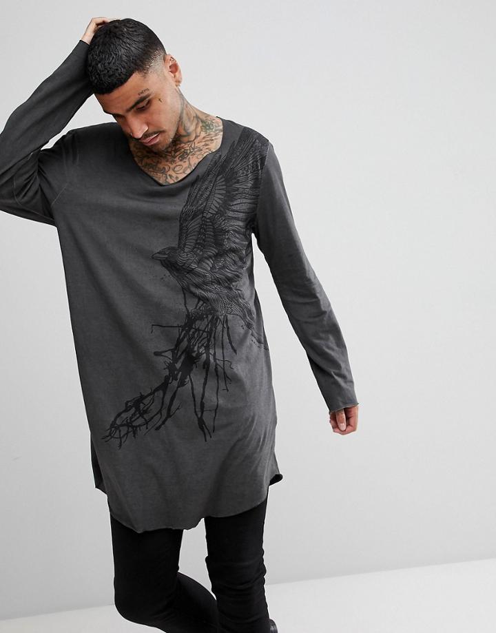 Asos Design Super Longline Long Sleeve T-shirt With Eagle Print And Heavy Wash - Gray