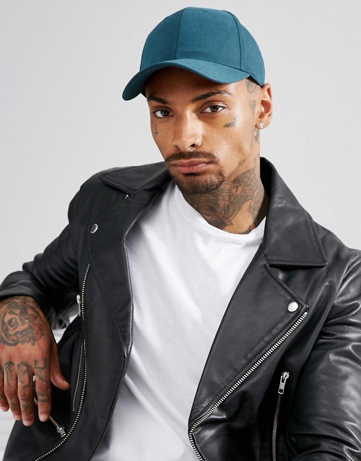 Asos Baseball Cap In Teal Peached Fabric - Blue