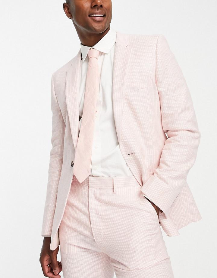 Asos Design Skinny Linen Mix Suit Jacket In Pink Pinstripe