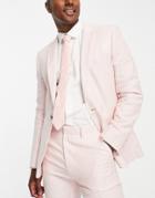 Asos Design Skinny Linen Mix Suit Jacket In Pink Pinstripe