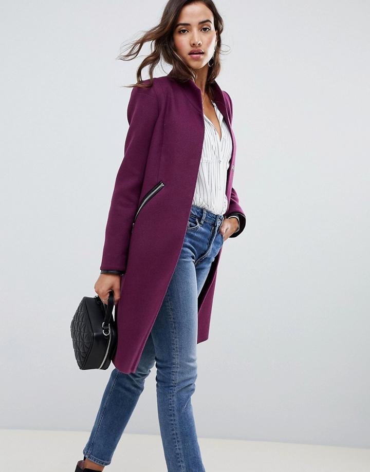Asos Design Smart Funnel Neck Coat With Contrast Trim - Purple