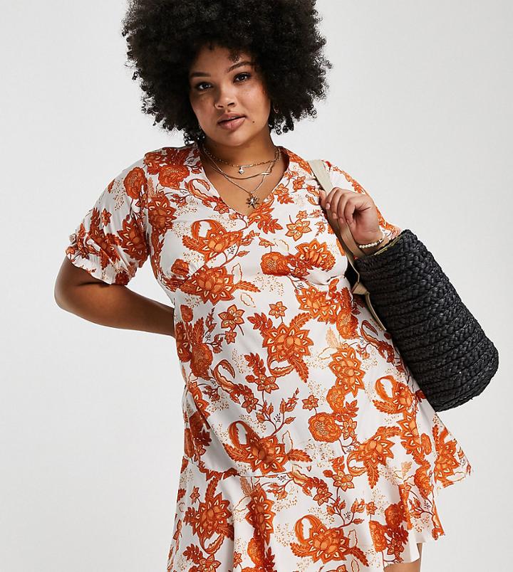 Simply Be Skater Dress In Orange Floral-multi