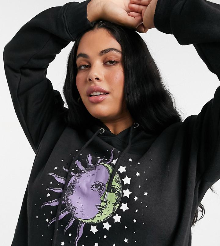 Daisy Street Plus Oversized Hoodie With Celestial Print-black