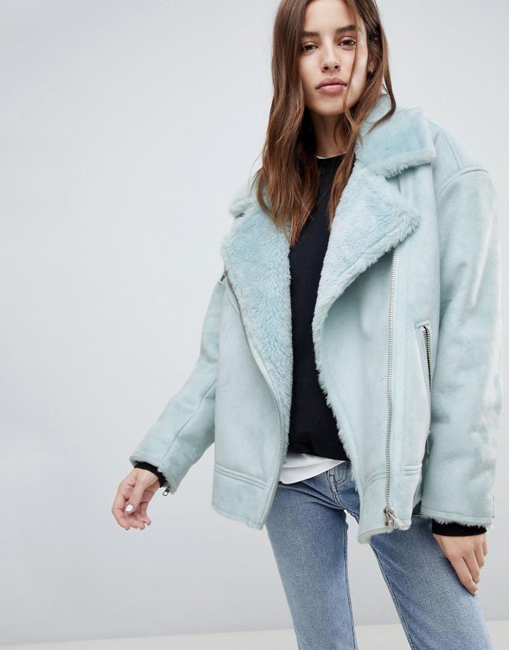 Weekday Longline Aviator Jacket With Fleece Collar - Blue