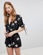 Influence Floral Wrap Romper With Puff Tie Sleeve - Red