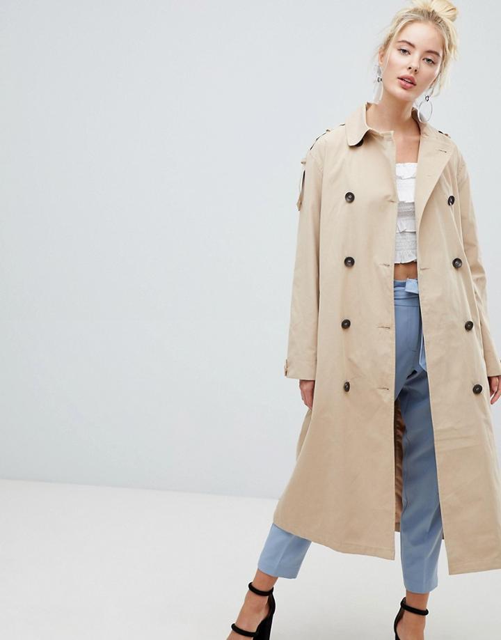 Fashion Union Belted Trench Jacket With Storm Flaps And Contrast Lining - Beige