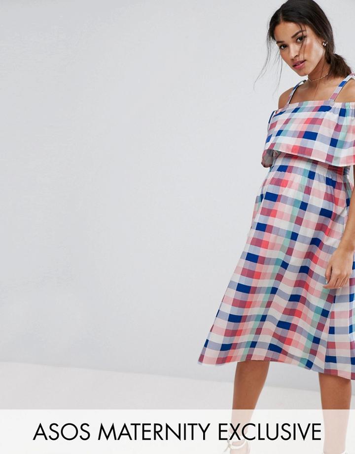 Asos Maternity Off Shoulder Check Midi Dress - Multi