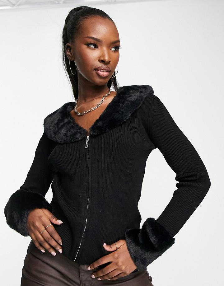 Qed London Zip Through Cardigan With Faux Fur Collar In Black