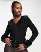 Qed London Zip Through Cardigan With Faux Fur Collar In Black