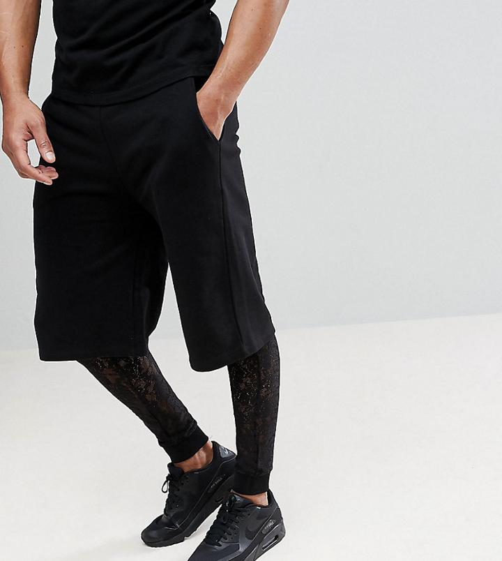 Asos Tall Oversized Shorts With Lace Megging Layer - Black