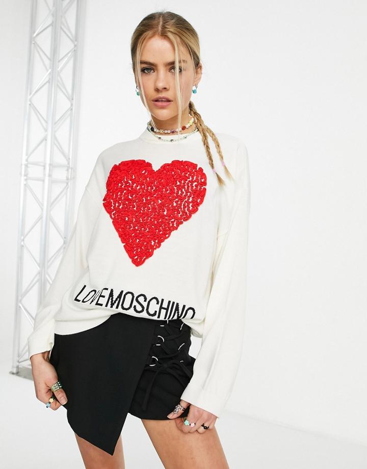 Love Moschino Core Heart Logo Sweater In White With Red Heart