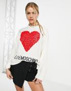 Love Moschino Core Heart Logo Sweater In White With Red Heart