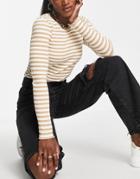 Selected Femme Organic Cotton Stripe Ribbed Long Sleeved Top In Sand-brown