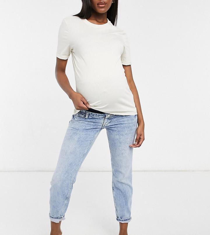 River Island Maternity Comfort Stretch Overbump Mom Jeans In Mid Blue-blues