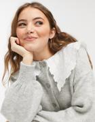Asos Design Cardigan With Woven Collar In Gray-grey