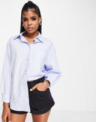Asos Design Relaxed Dad Shirt With Dipped Hem In Chambray Blue
