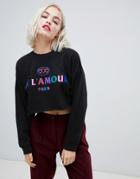 Asos Design Raw Hem Crop Sweat With Rainbow Slogan And Embroidery - Black