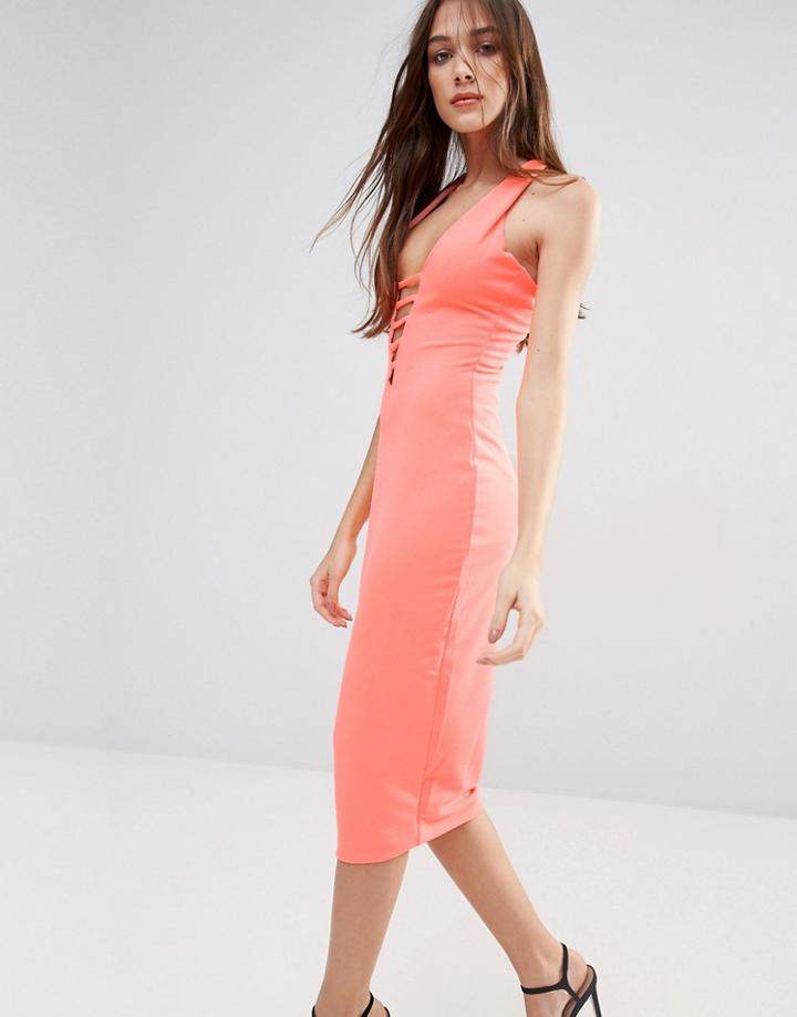 Hedonia Midi Pencil Dress With Lace Front - Orange