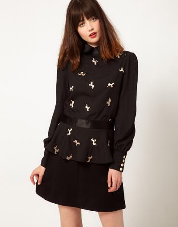 Nishe Horse Embroidered Belted Blouse