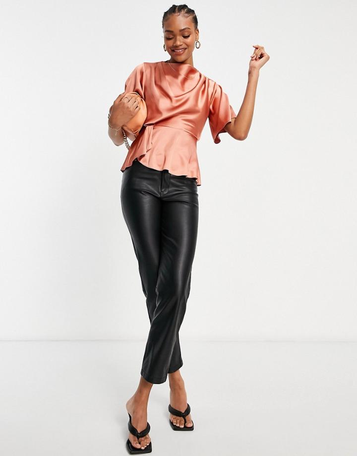 Asos Design Drape Neck Satin Top With Peplum Hem And Angel Sleeves In Peachy Tan-black