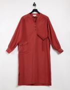 Native Youth Button Front Side Tie Midi Dress In Orange