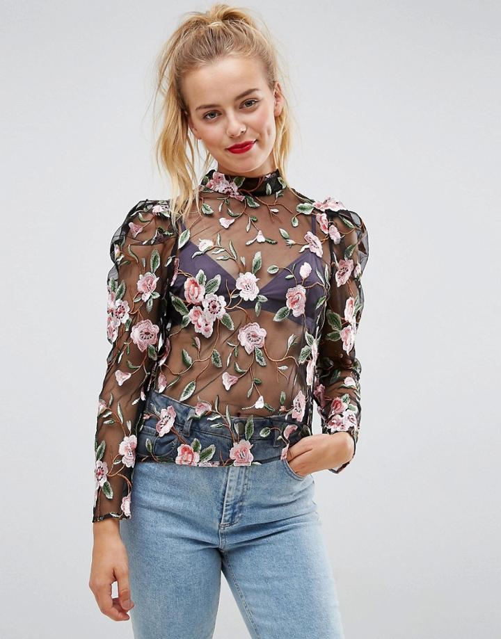 Asos Premium Embroidered Top With Lace Up Detail - Black
