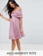 Asos Maternity Petite Bow Front Off The Shoulder Bardot Skater Mini Dress - Purple