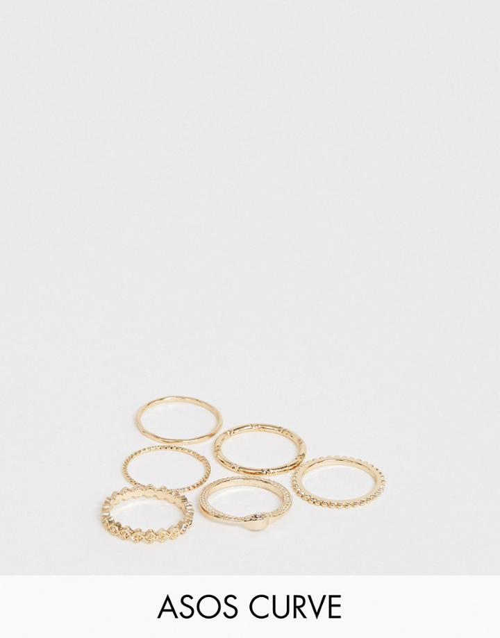 Asos Design Curve Pack Of 6 Rings In Diamond Shape And Engraved Design With Crystals In Gold - Gold