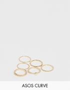 Asos Design Curve Pack Of 6 Rings In Diamond Shape And Engraved Design With Crystals In Gold - Gold