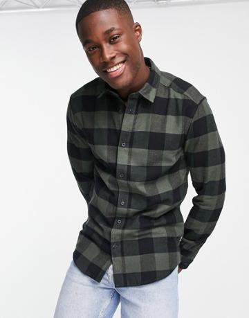 Only & Sons Buffalo Check Shirt In Khaki And Black-green
