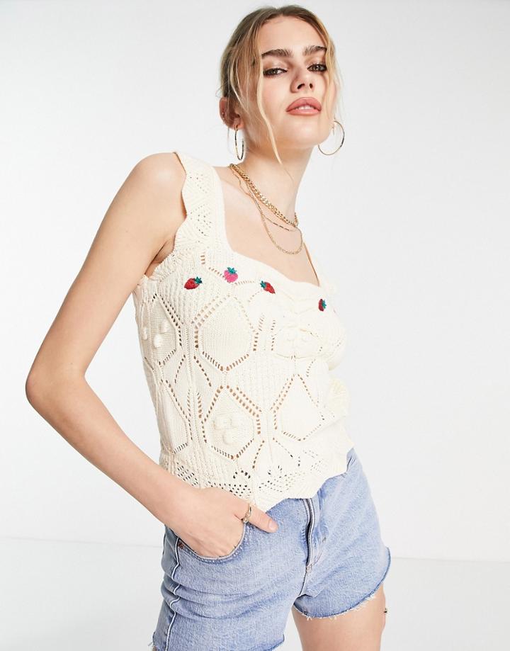 Y.a.s Strawberry Embroidered Crochet Top In Cream-white